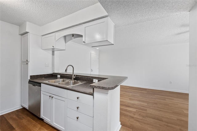 kitchen with white cabinetry, sink, dark hardwood / wood-style flooring, stainless steel dishwasher, and kitchen peninsula