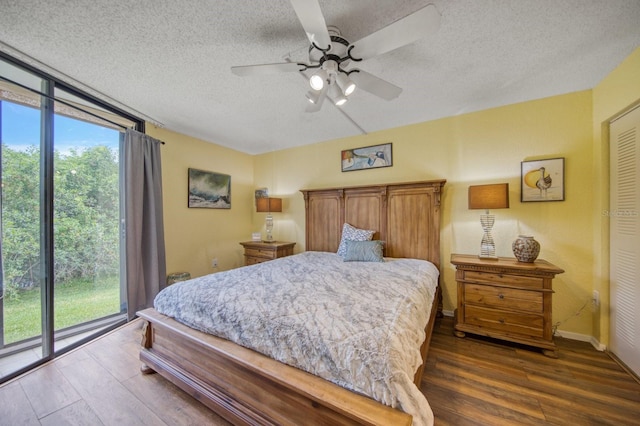 bedroom with ceiling fan, multiple windows, dark hardwood / wood-style flooring, and access to exterior