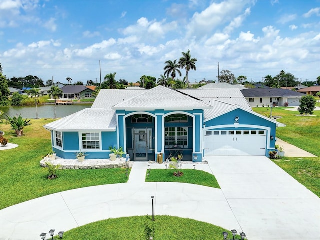 ranch-style house featuring a garage and a front yard