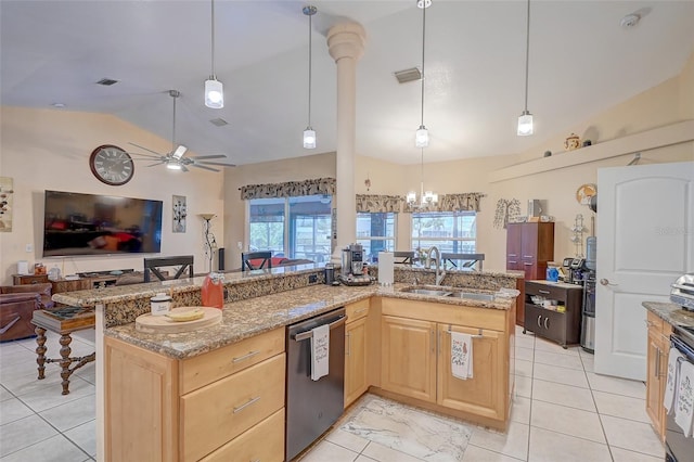 kitchen with dishwasher, light tile flooring, light brown cabinetry, sink, and a healthy amount of sunlight