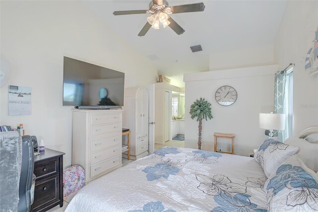 bedroom featuring ceiling fan and lofted ceiling