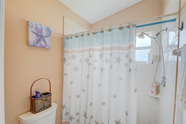 bathroom with vaulted ceiling and toilet