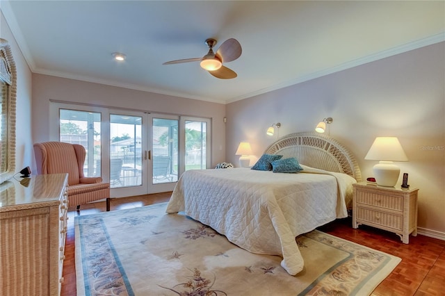 bedroom with access to outside, multiple windows, crown molding, and ceiling fan