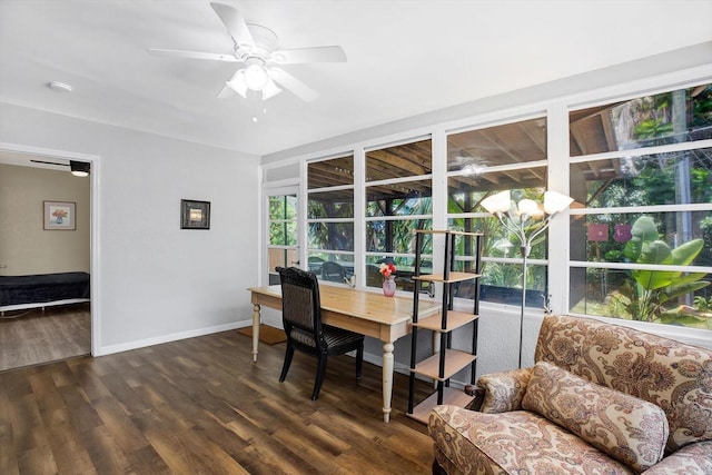 office area with ceiling fan and dark hardwood / wood-style flooring