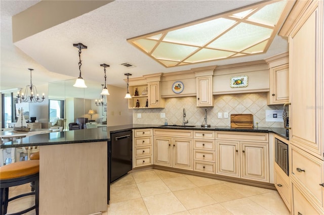 kitchen with dishwasher, a breakfast bar, an inviting chandelier, sink, and kitchen peninsula