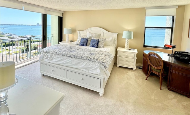 carpeted bedroom with access to outside, a textured ceiling, a water view, and multiple windows