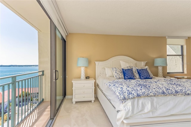 bedroom with light carpet, a water view, and multiple windows