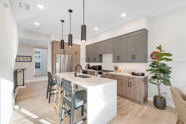 kitchen with appliances with stainless steel finishes, light wood-type flooring, a kitchen island with sink, sink, and decorative light fixtures