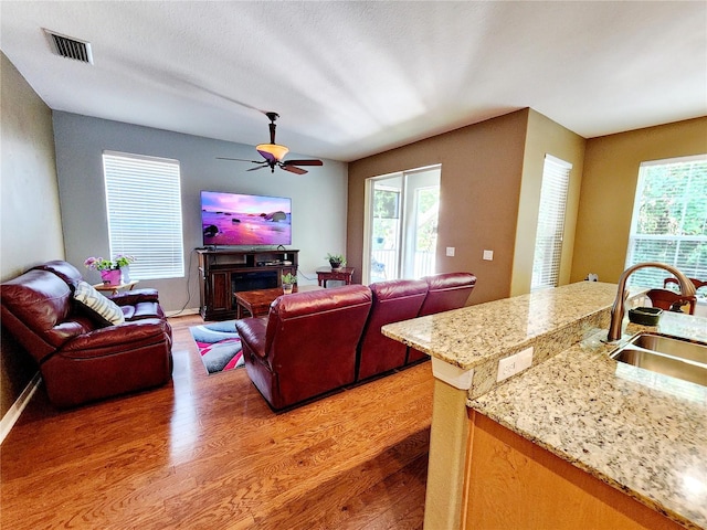 living room with ceiling fan, sink, and wood-type flooring