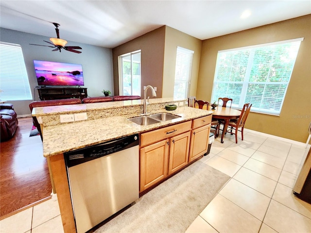 kitchen with dishwasher, a kitchen island with sink, a wealth of natural light, and sink