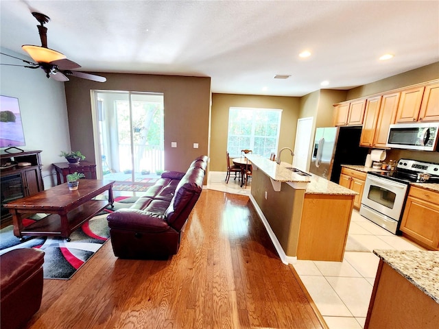 kitchen featuring stainless steel appliances, sink, a wealth of natural light, and light stone counters