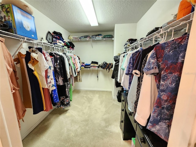 walk in closet featuring light carpet