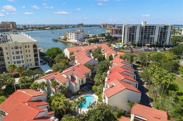 drone / aerial view with a water view