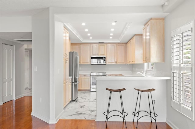 kitchen with stainless steel appliances, light tile floors, a tray ceiling, kitchen peninsula, and light brown cabinetry