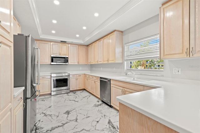 kitchen with stainless steel appliances, light brown cabinetry, and a raised ceiling