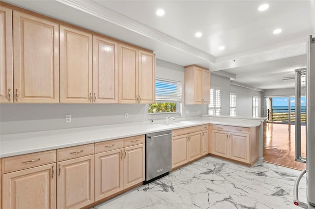 kitchen with light brown cabinets, ornamental molding, stainless steel dishwasher, and light tile flooring