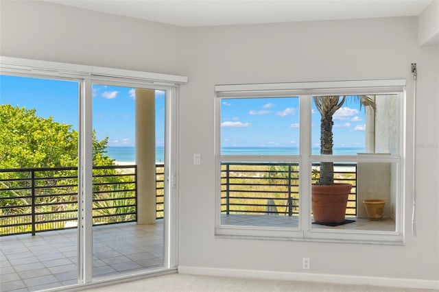 doorway featuring a wealth of natural light, a water view, and carpet flooring