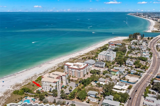 bird's eye view with a beach view and a water view