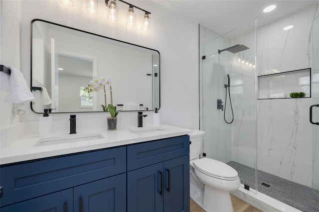 bathroom with vanity, toilet, a shower with door, and wood-type flooring