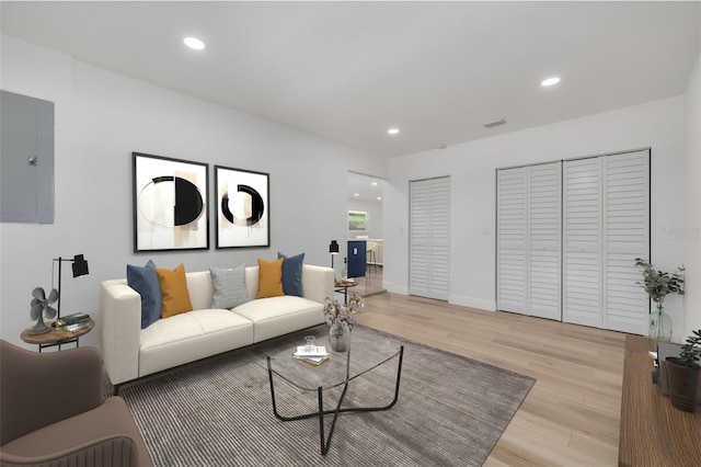 living room featuring electric panel and light hardwood / wood-style flooring