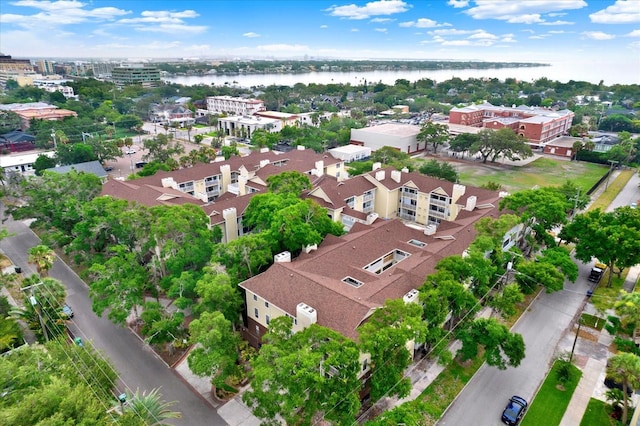 aerial view featuring a water view