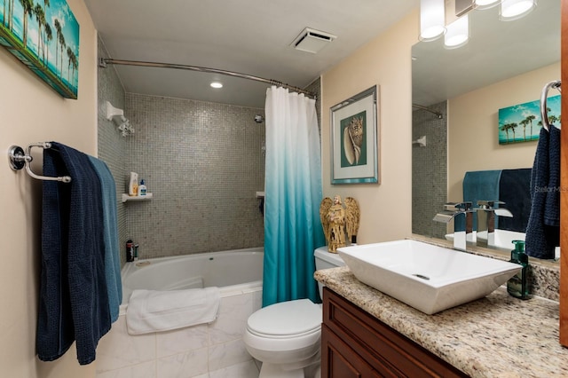 full bathroom featuring shower / bathtub combination with curtain, oversized vanity, toilet, and tile floors