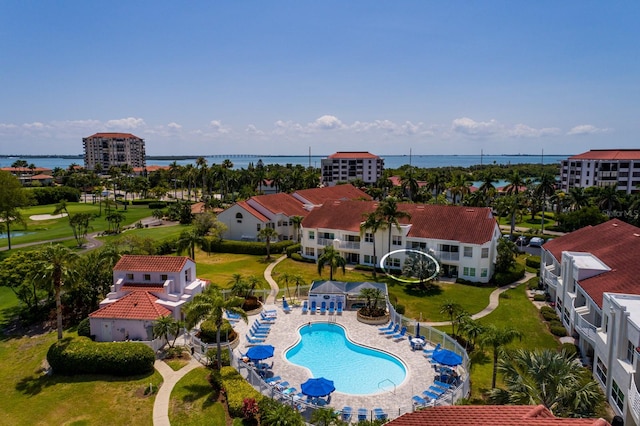 aerial view featuring a water view