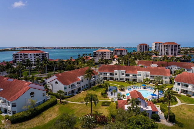 drone / aerial view featuring a water view