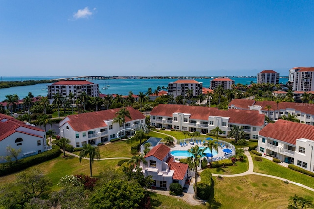 drone / aerial view featuring a water view