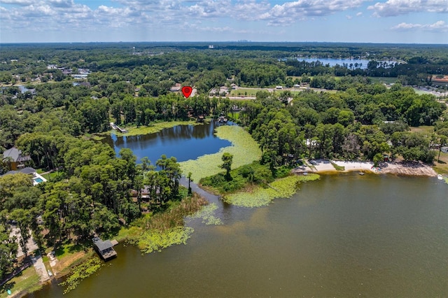 drone / aerial view featuring a water view and a forest view