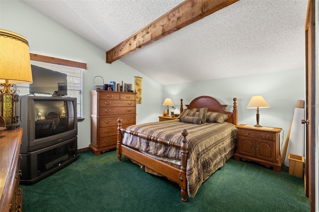 carpeted bedroom featuring lofted ceiling with beams and a textured ceiling