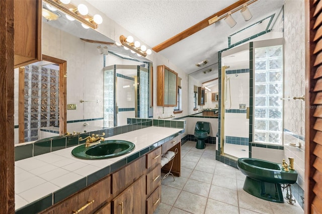 bathroom with a bidet, vaulted ceiling with beams, toilet, a textured ceiling, and an enclosed shower