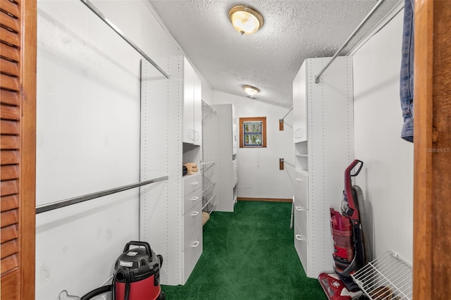 spacious closet featuring dark colored carpet and vaulted ceiling