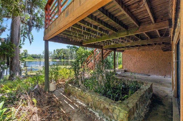 view of patio / terrace featuring a water view