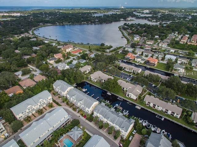 drone / aerial view with a water view