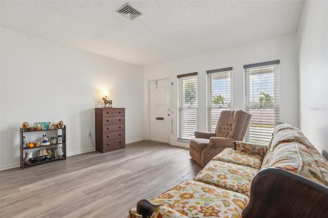 living room with a textured ceiling and light hardwood / wood-style flooring