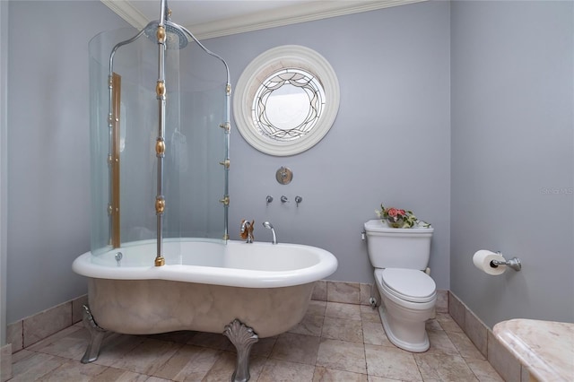 bathroom featuring toilet, a bathtub, and ornamental molding