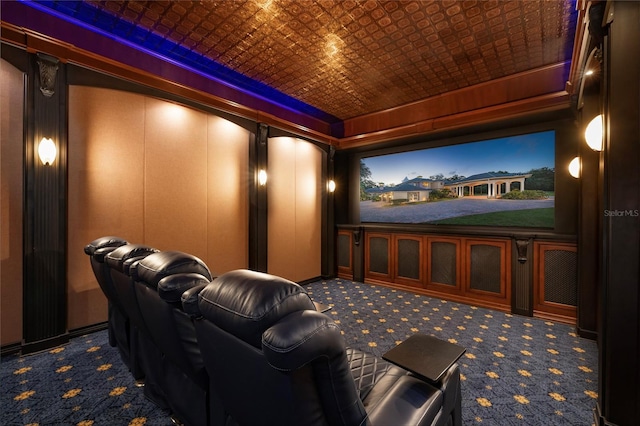 home theater with carpet flooring and brick ceiling