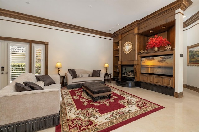 tiled living room featuring a fireplace and crown molding