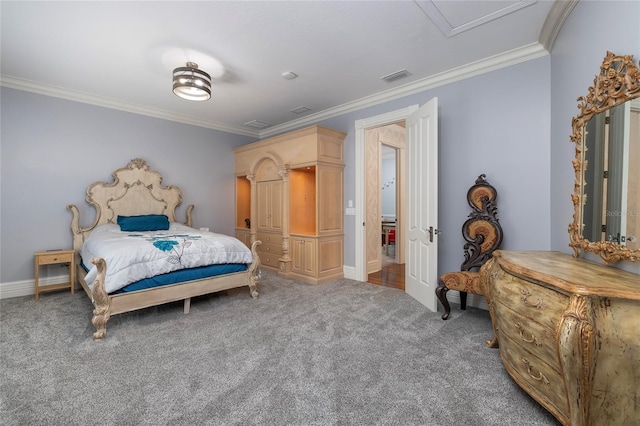 carpeted bedroom featuring crown molding and ceiling fan