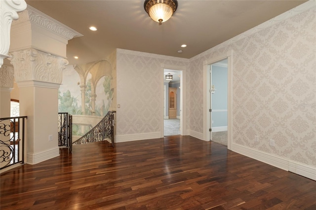 unfurnished room with recessed lighting, wood finished floors, baseboards, and wallpapered walls