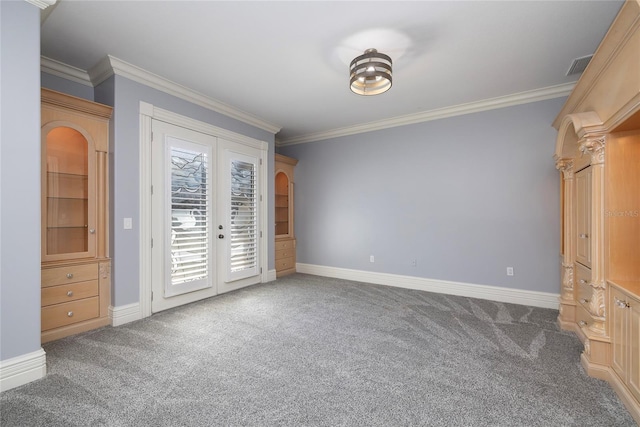 unfurnished bedroom featuring access to outside, french doors, carpet flooring, and crown molding