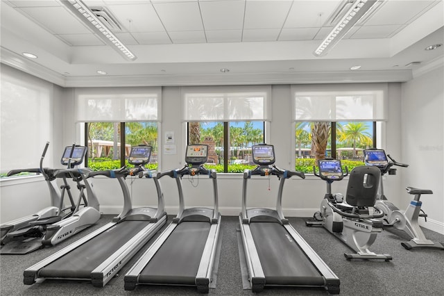 exercise room with a raised ceiling