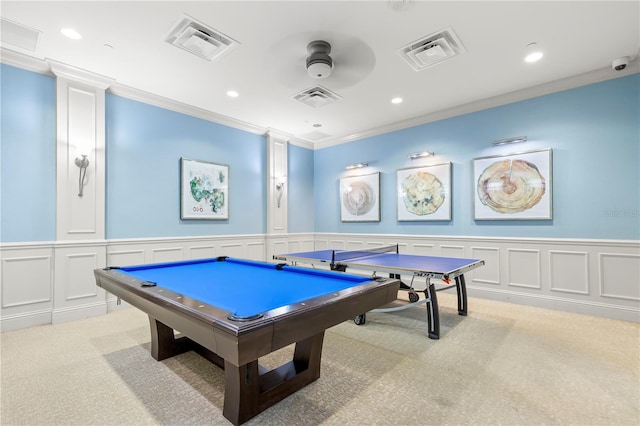 rec room with ceiling fan, crown molding, pool table, and light carpet