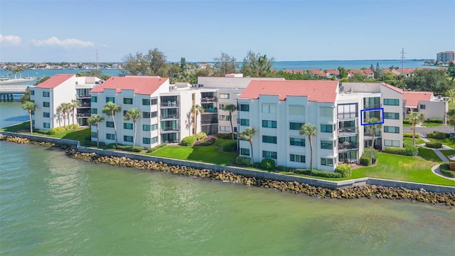 drone / aerial view featuring a water view