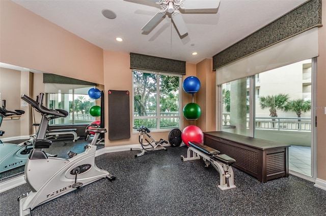workout area featuring baseboards, recessed lighting, and a ceiling fan