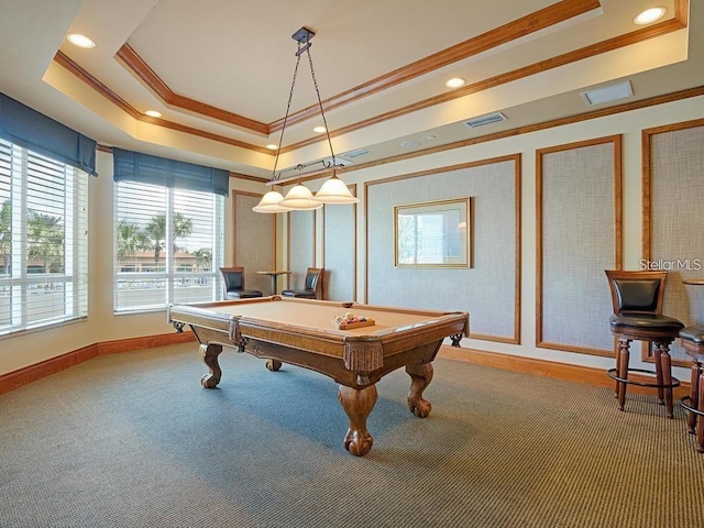 playroom with pool table, visible vents, crown molding, and a raised ceiling