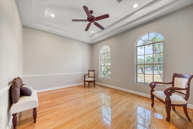 sitting room featuring light wood-type flooring, a raised ceiling, and a healthy amount of sunlight