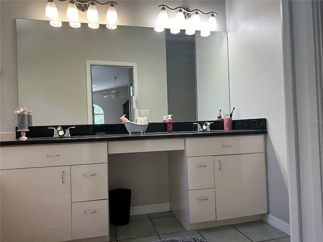 bathroom featuring tile patterned flooring, vanity, and ceiling fan