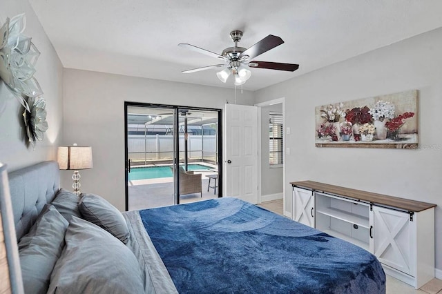 tiled bedroom featuring ceiling fan and access to outside